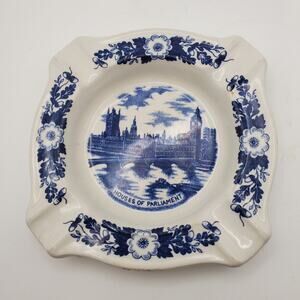 Vintage Blue & White "Houses of Parliament" Ceramic Ashtray Tobaciana